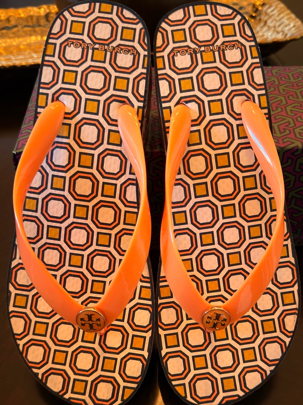 Tory Burch Orange Logo Flip Flop Sandals with Geometric Footbed